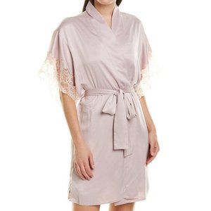 NEW Natori Plume Women Light Mauve Satin Lace Trim Short 1/2 Sleeve Belted Robe
